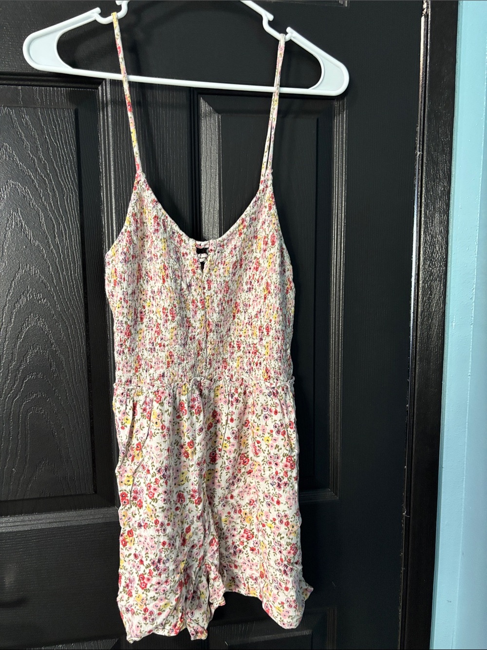 Derek Heart White Floral Smocked Romper with Pink and Yellow Accents